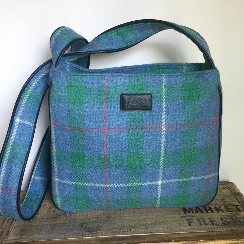 Ness Blue and green plaid wool hand bag